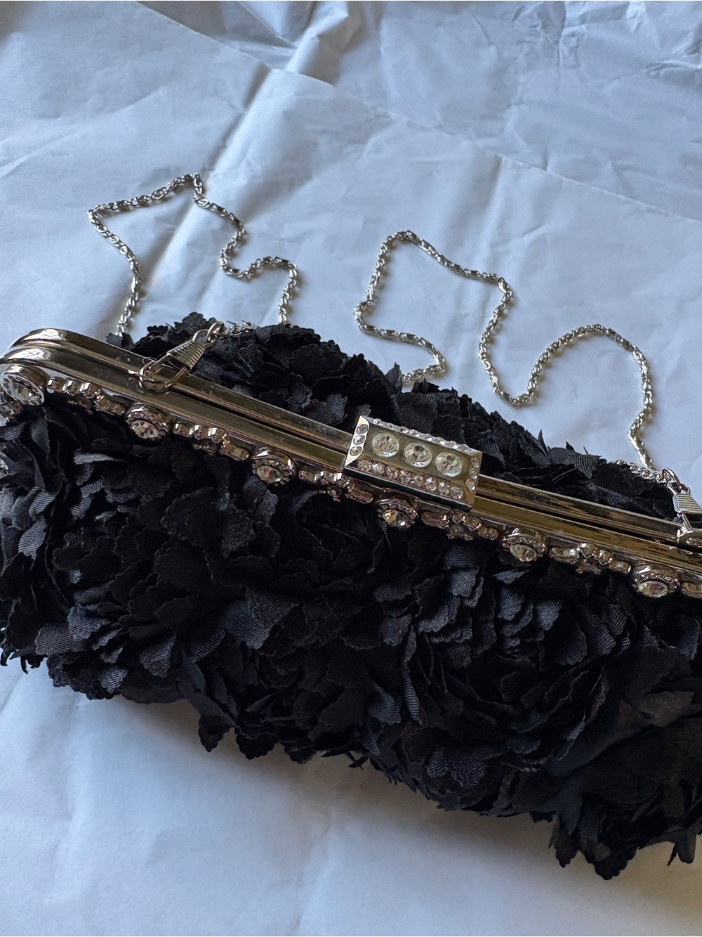 Vintage Inspired Elegant Black Floral Evening Clutch with Rhinestones.